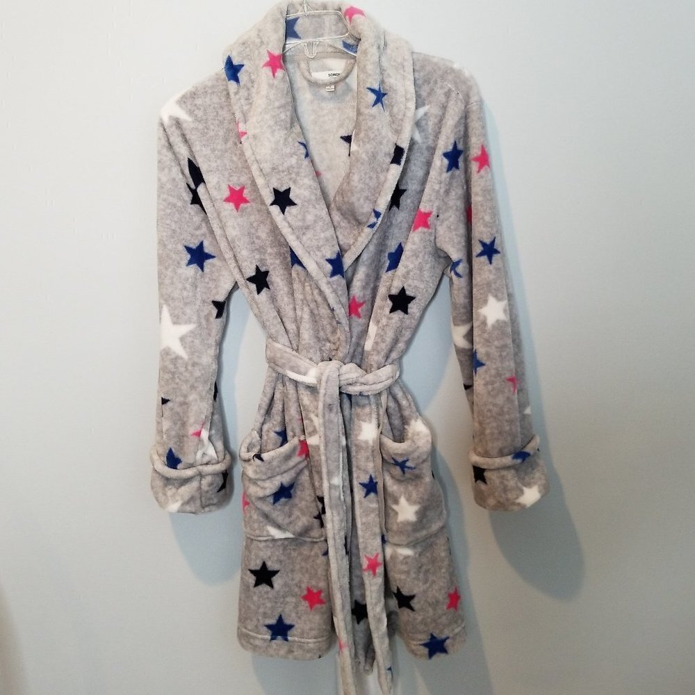 Sonoma Good for life Gray Robe with Pockets & pink black stars size Small